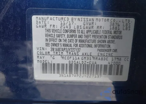 2018 Nissan Sentra Sv z USA, uszkodzony, nr VIN 3N1AB7AP2JY227137